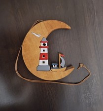 Holz Deko Mond m. Leuchtturm &
